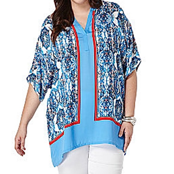 (Size 1X, 2X) Rafaella Blue Printed Slit Neck Top - Picture 10 of 10